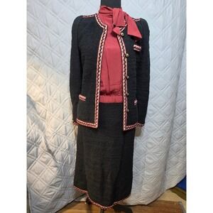 Adolfo Saks Fifth Avenue Vintage 3pc Skirt Suit Set Black Burgundy Knit Womens